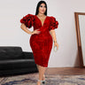 ONTINVA Luxury Sequins V Neck Tulle Patchwork Puff Sleeve Dress