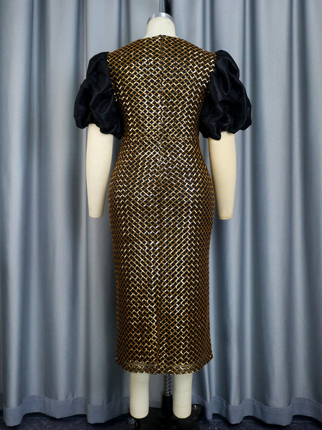 ONTINVA  Plaid Glitter Sequin Dress Midi Party Skew Collar