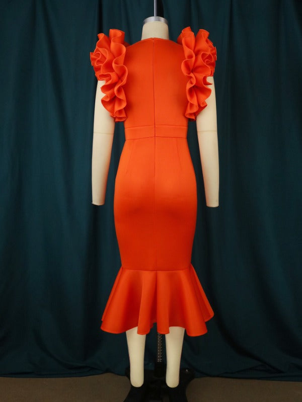 ONTINVA Orange Ruffle Flower Mermaid Dresses Midi
