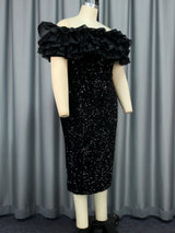 ONTINVA Mesh Ruffle Strapless Sequin Velvet Dress Midi