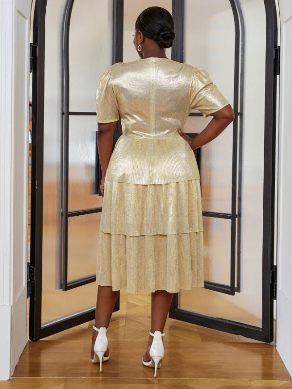 ONTINVA Gold Shiny Deep V Neck Pleated Dresses Midi