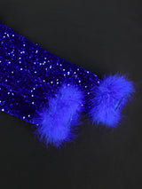 ONTINVA Women Dress Velvet Shiny Glitter Sequin Long Sleeve  Feather Tassel Autumn Package Hip Celebrate Occasion Birthday African Gown