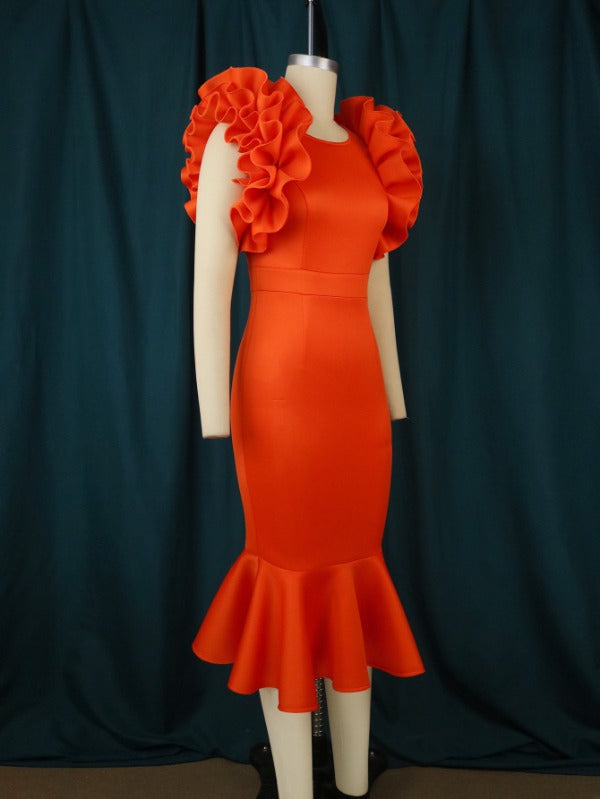 ONTINVA Orange Ruffle Flower Mermaid Dresses Midi