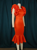 ONTINVA Orange Ruffle Flower Mermaid Dresses Midi