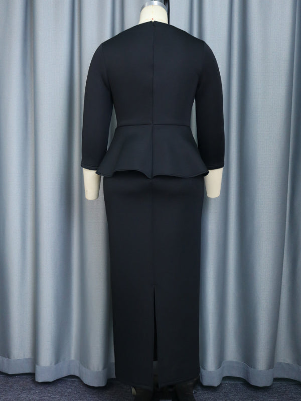 ONTINVA Maxi Dress Long Sleeve Peplum New in Black Long Bodycon Dress Formal