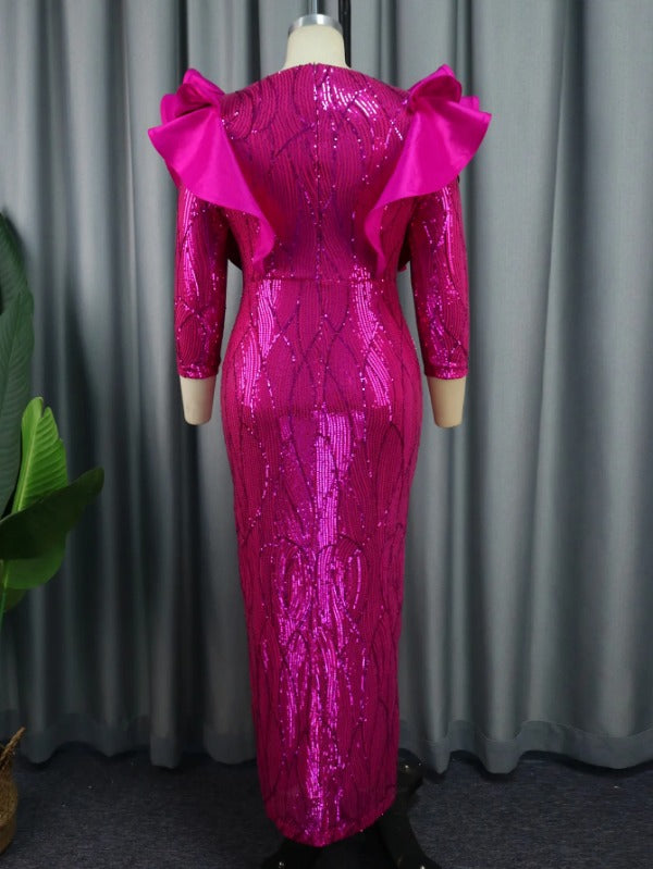 ONTINVA Ruffle Trim Sequined Evening Dress Maxi
