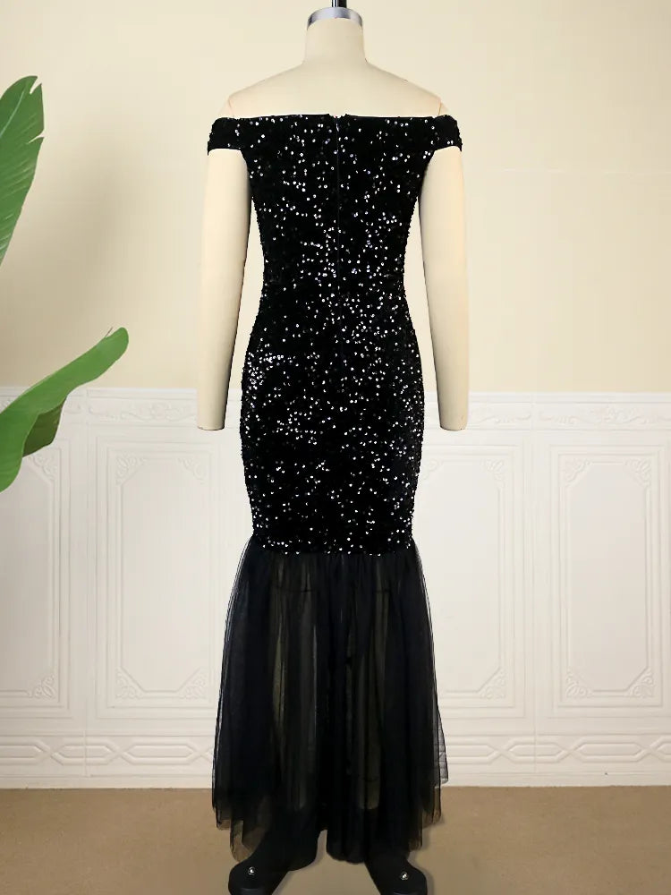 ONTINVA Black Luxury Off The Shoulder Sequins Dresses