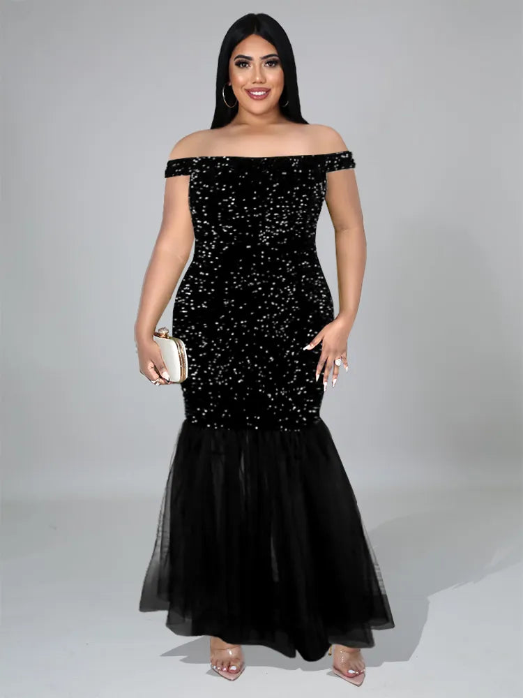 ONTINVA Black Luxury Off The Shoulder Sequins Dresses