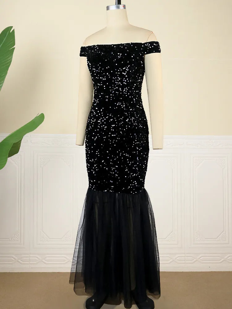 ONTINVA Black Luxury Off The Shoulder Sequins Dresses