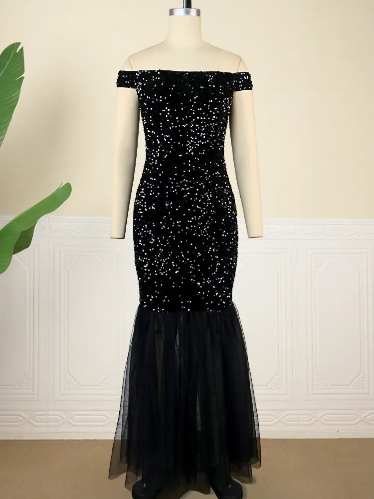 ONTINVA Black Luxury Off The Shoulder Sequins Dresses