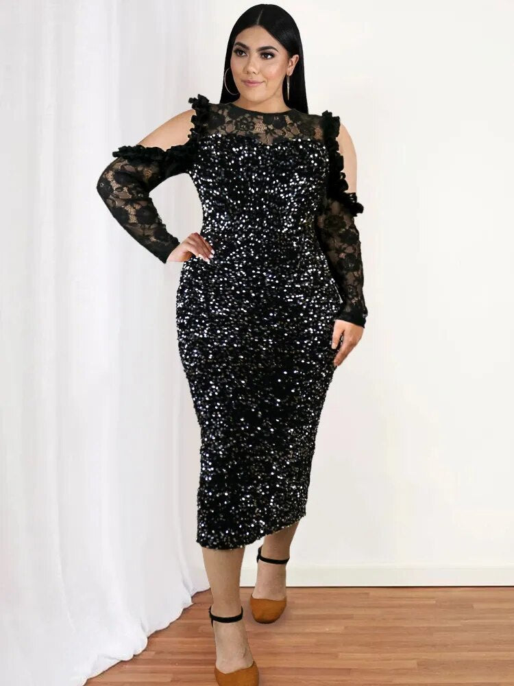 ONTINVA Black Sequins Cold Shoulder Lace Patchwork Dresse