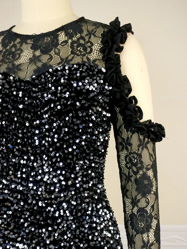ONTINVA Black Sequins Cold Shoulder Lace Patchwork Dresse