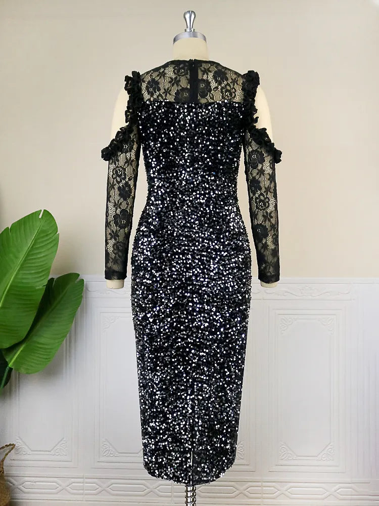 ONTINVA Black Sequins Cold Shoulder Lace Patchwork Dresse