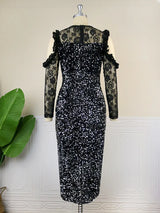 ONTINVA Black Sequins Cold Shoulder Lace Patchwork Dresse