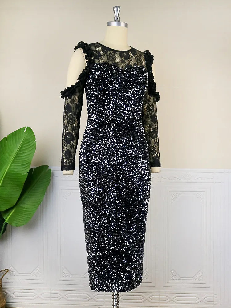 ONTINVA Black Sequins Cold Shoulder Lace Patchwork Dresse
