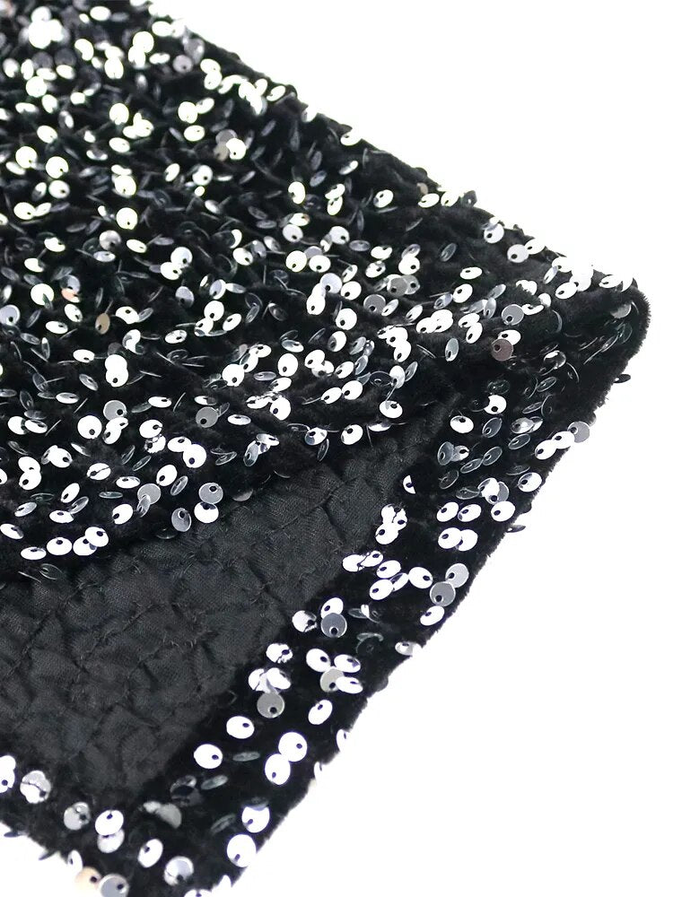 ONTINVA Black Sequins Cold Shoulder Lace Patchwork Dresse
