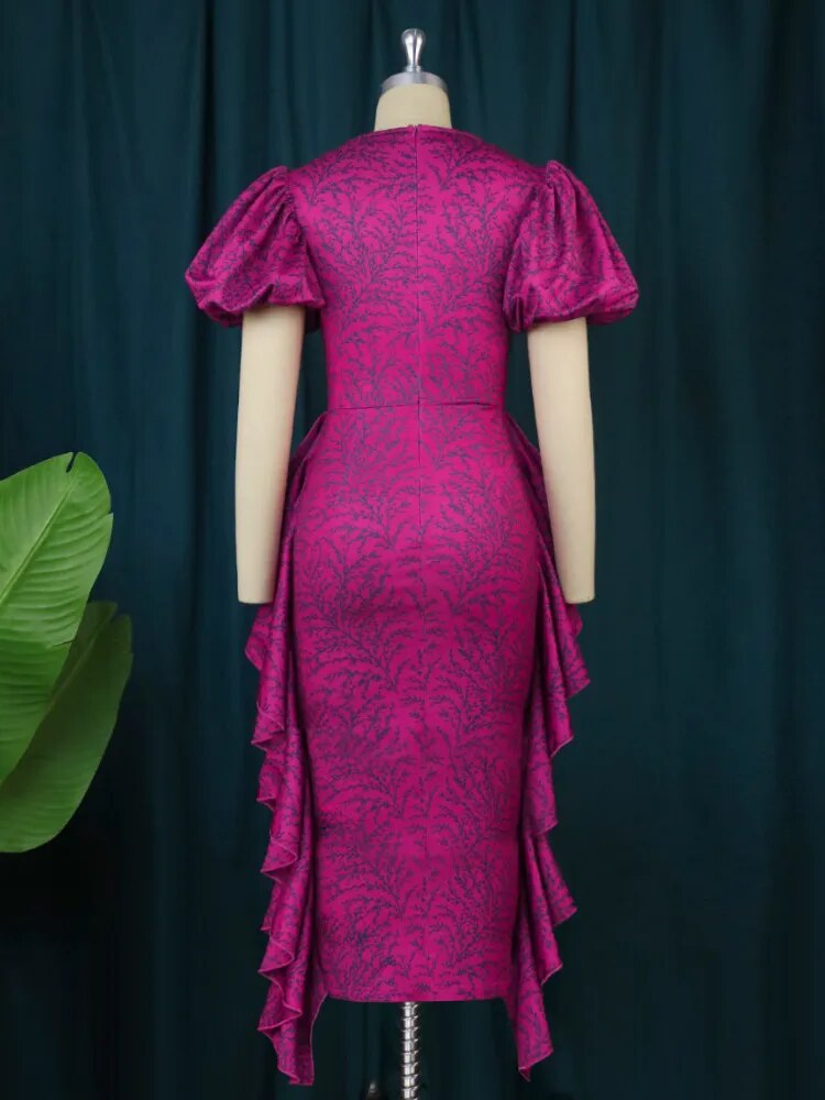 ONTINVA V Neck Short Puff Sleeve Floral Long Dresses