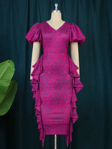 ONTINVA V Neck Short Puff Sleeve Floral Long Dresses
