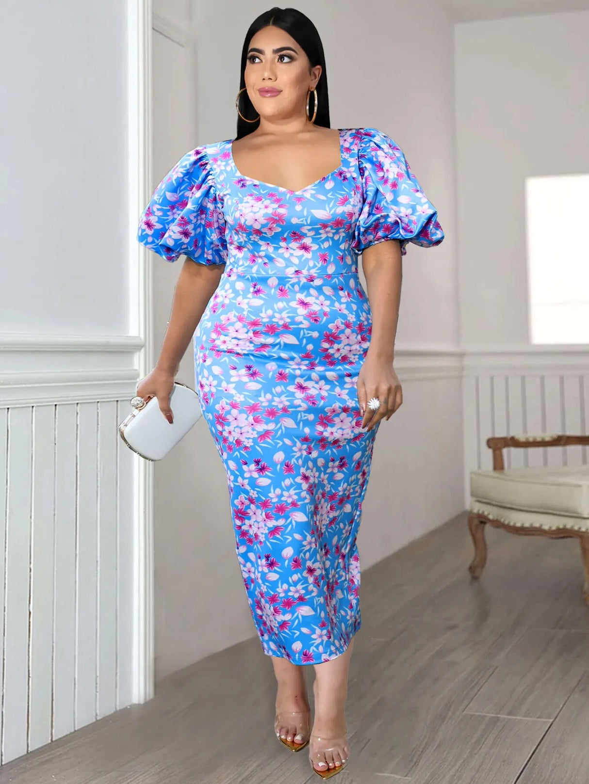 ONTINVA Floral Printed Short Puff Sleeve Slim Fit Blue Dress