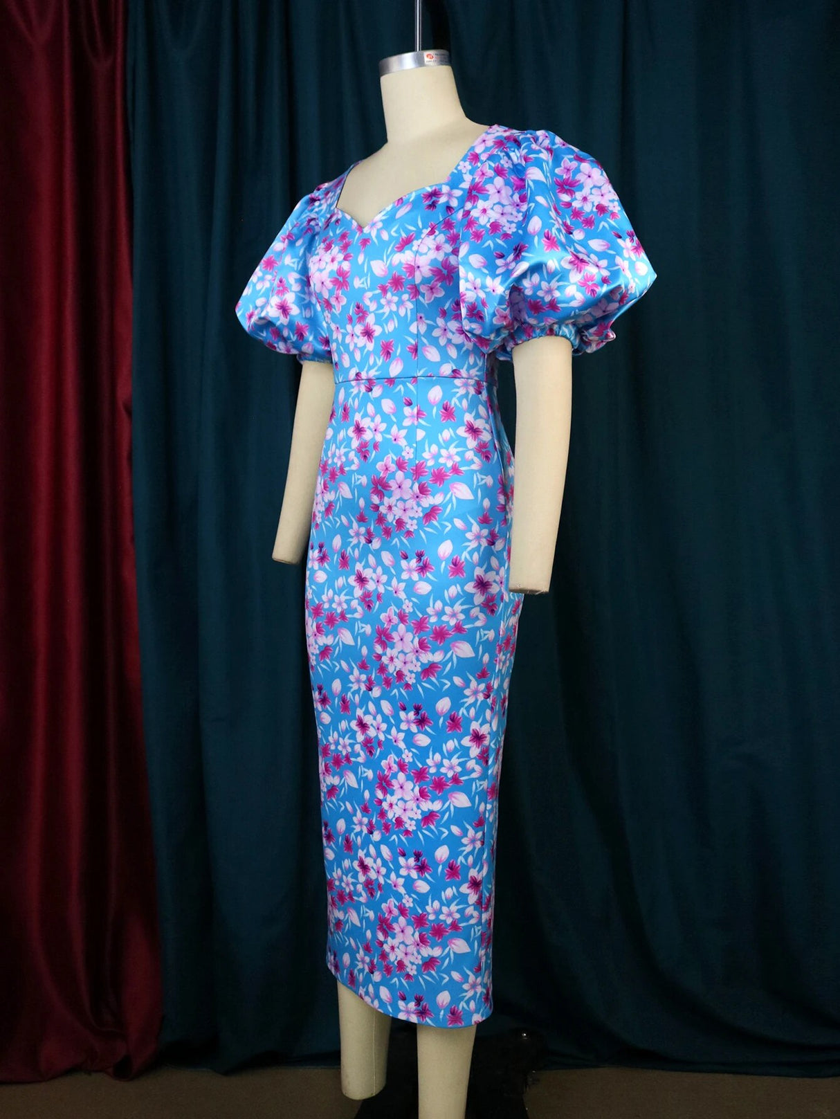 ONTINVA Floral Printed Short Puff Sleeve Slim Fit Blue Dress