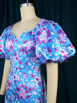 ONTINVA Floral Printed Short Puff Sleeve Slim Fit Blue Dress