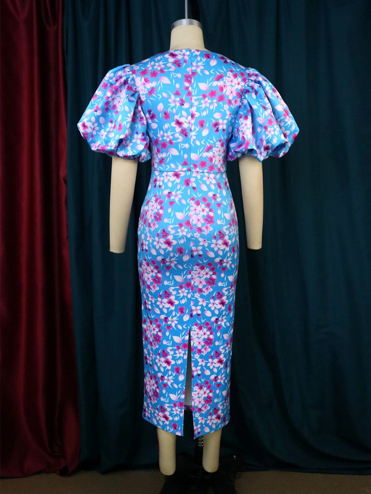 ONTINVA Floral Printed Short Puff Sleeve Slim Fit Blue Dress