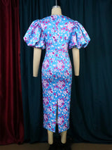 ONTINVA Floral Printed Short Puff Sleeve Slim Fit Blue Dress