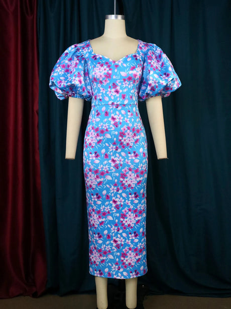 ONTINVA Floral Printed Short Puff Sleeve Slim Fit Blue Dress