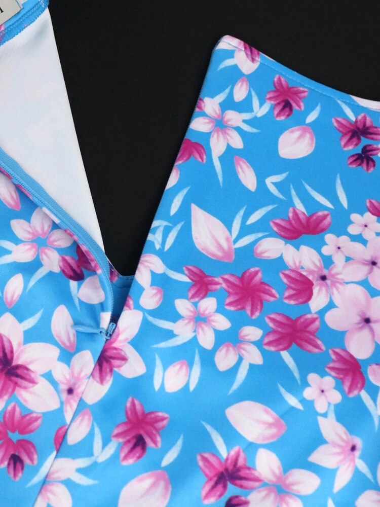ONTINVA Floral Printed Short Puff Sleeve Slim Fit Blue Dress