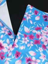 ONTINVA Floral Printed Short Puff Sleeve Slim Fit Blue Dress