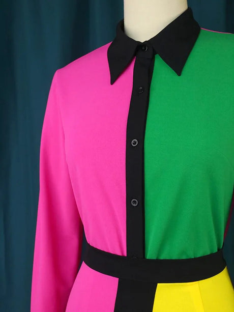 ONTINVA Fuchsia Patchwork Long Sleeve Evening Dresses