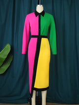 ONTINVA Fuchsia Patchwork Long Sleeve Evening Dresses