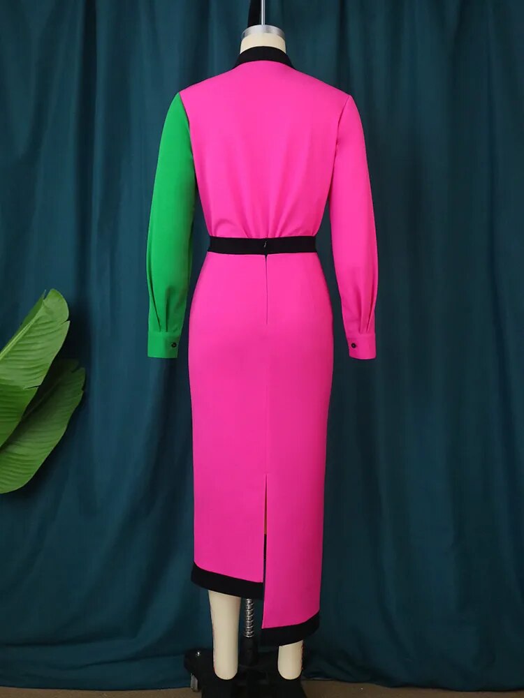 ONTINVA Fuchsia Patchwork Long Sleeve Evening Dresses