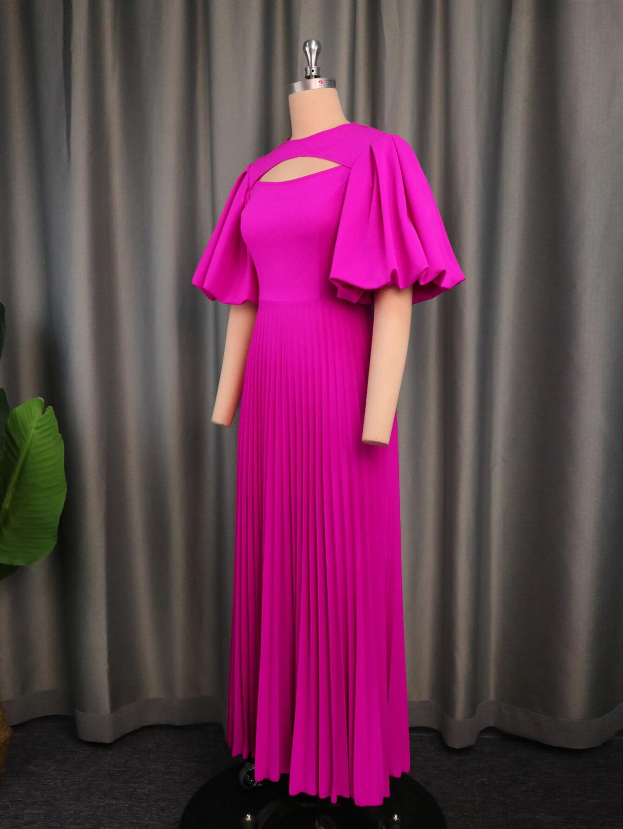ONTINVA Fuchsia A Line Cut Out Puff Sleeve Pleated Dress