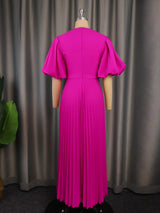 ONTINVA Fuchsia A Line Cut Out Puff Sleeve Pleated Dress