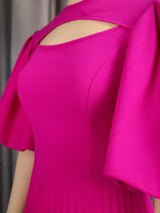 ONTINVA Fuchsia A Line Cut Out Puff Sleeve Pleated Dress