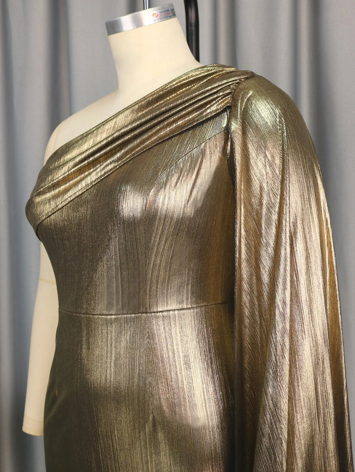 ONTINVA Gold Shiny Bronzing Evening One Shoulder Pleated Dress