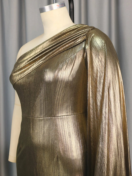 ONTINVA Gold Shiny Bronzing Evening One Shoulder Pleated Dress
