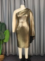 ONTINVA Gold Shiny Bronzing Evening One Shoulder Pleated Dress