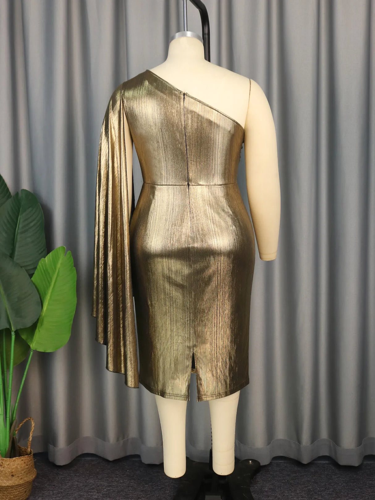 ONTINVA Gold Shiny Bronzing Evening One Shoulder Pleated Dress