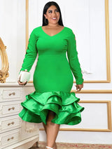 ONTINVA Green Bodycon V Neck Hollow Out Long Sleeve Dress