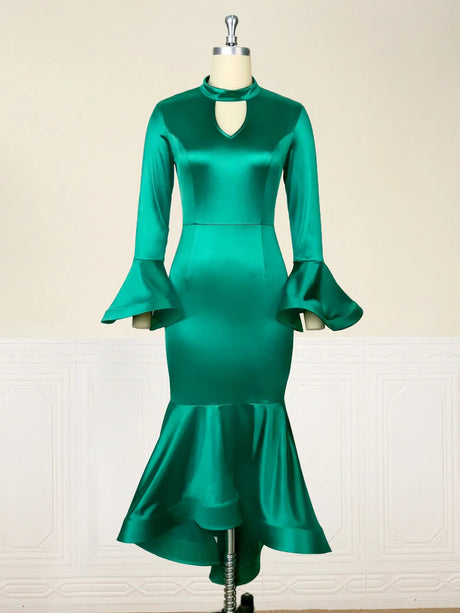 ONTINVA Green Satin Cut Out Flare Sleeve  Dresses