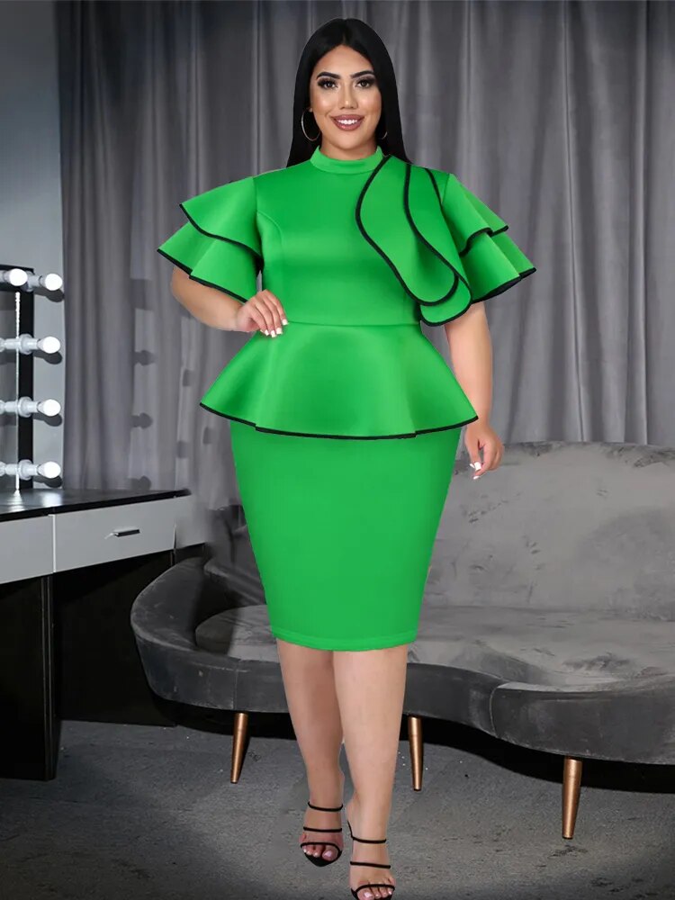 ONTINVA High Neck Peplum Ruffles Sleeve Evening Dress