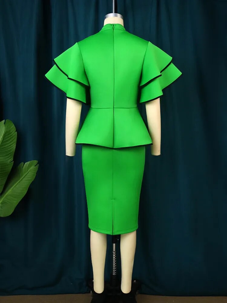 ONTINVA High Neck Peplum Ruffles Sleeve Evening Dress