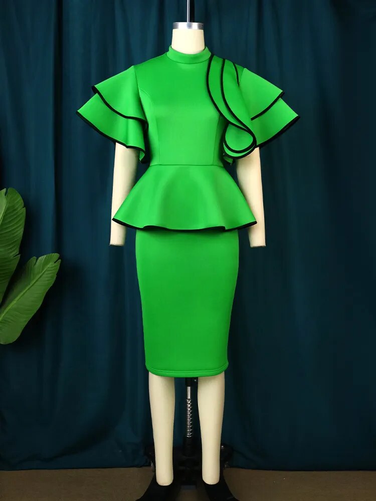 ONTINVA High Neck Peplum Ruffles Sleeve Evening Dress