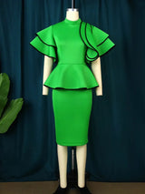 ONTINVA High Neck Peplum Ruffles Sleeve Evening Dress