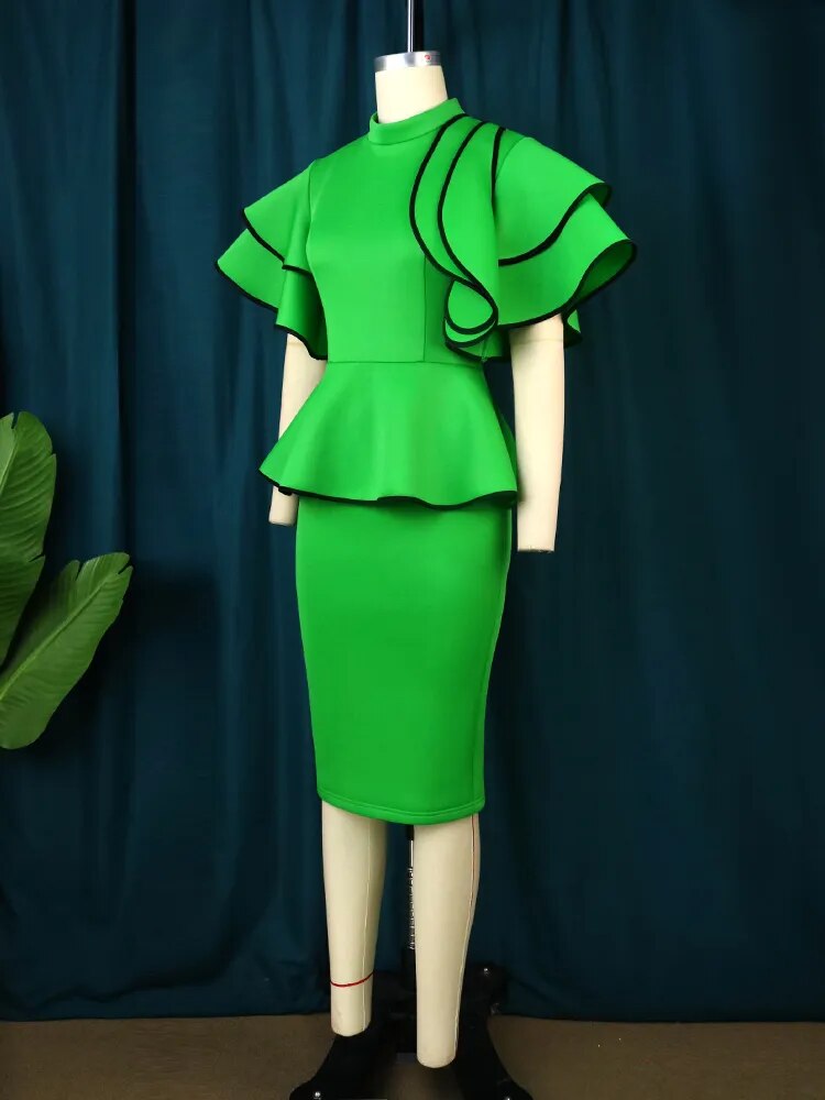 ONTINVA High Neck Peplum Ruffles Sleeve Evening Dress