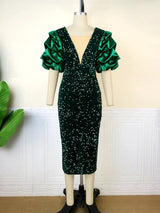 ONTINVA Luxury Sequins V Neck Tulle Patchwork Puff Sleeve Dress