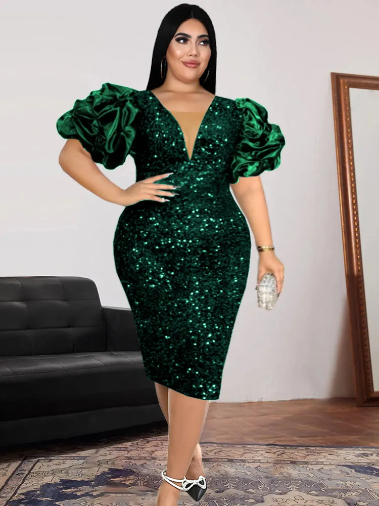 ONTINVA Luxury Sequins V Neck Tulle Patchwork Puff Sleeve Dress