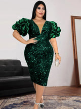 ONTINVA Luxury Sequins V Neck Tulle Patchwork Puff Sleeve Dress